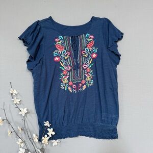 ANTHROPOLOGIE embroidered blue Enesta short sleeved top, M.